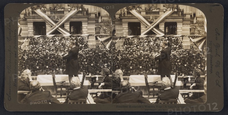 President Theodore Roosevelt Speech during Western Tour, Quincy, Illinois, USA, Stereo Card, R. Y. Young, American Stereoscopic Company, 1903
