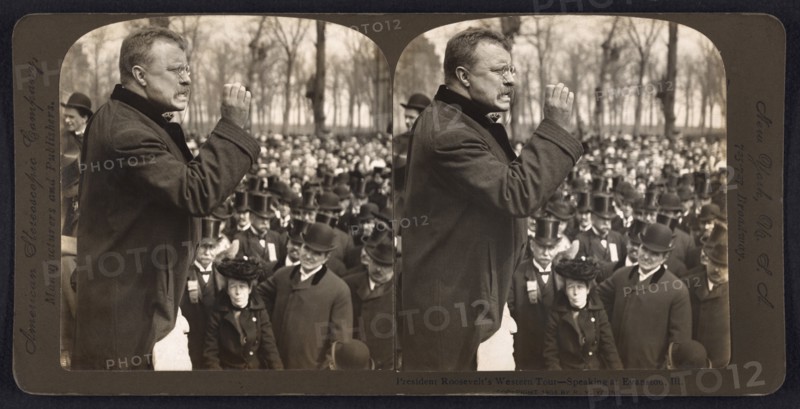 President Theodore Roosevelt Speech during Western Tour, Evanston, Illinois, USA, Stereo Card, R. Y. Young, American Stereoscopic Company, 1903