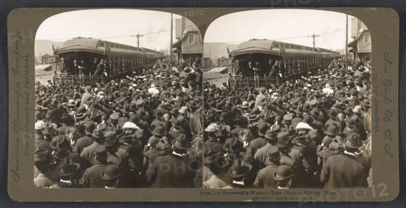President Theodore Roosevelt Speech from Train during Western Tour, Winona, Minnesota, USA, Stereo Card, R. Y. Young, American Stereoscopic Company, 1903