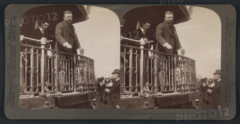 President Theodore Roosevelt Speech from Railroad Car during Western Tour, Lake City, Minnesota, USA, Stereo Card, R. Y. Young, American Stereoscopic Company, 1903