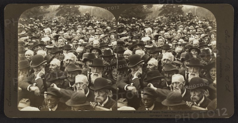 Large Crowd at President Theodore Roosevelt's Speech, Lincoln, Nebraska, USA, Stereo Card, R. Y. Young, American Stereoscopic Company, 1903