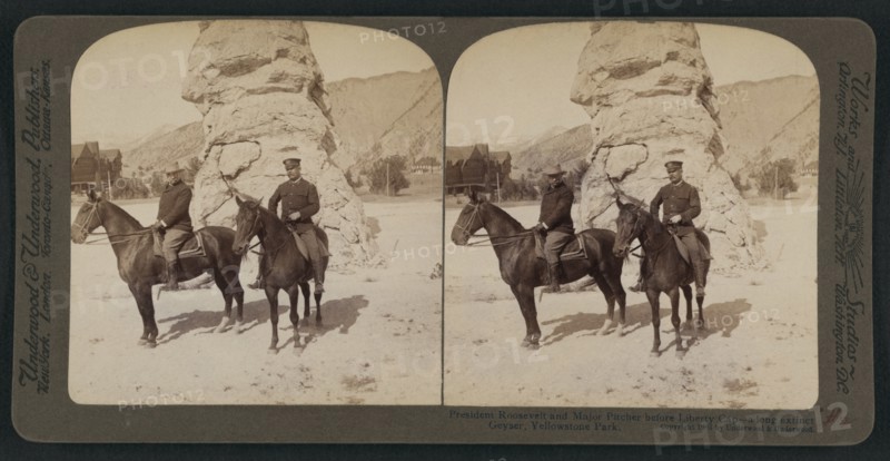 President Theodore Roosevelt's Western Tour, Visiting Liberty Cap, Yellowstone National Park, Wyoming, USA, Stereo Card, R. Y. Young, American Stereoscopic Company, 1903