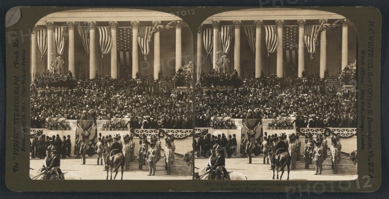 Chief Justice Fuller Administering the oath of office to President Theodore Roosevelt, Washington DC, USA, Stereo Card, H. C. White, Co. March 4, 1905