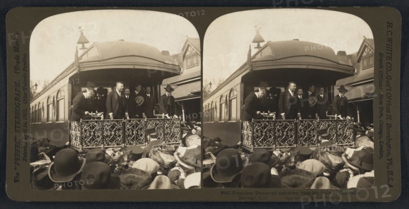 President Theodore Roosevelt Speaking from his Train, Colorado Springs, Colorado, USA, Stereo Card, H. C. White, Co., 1905
