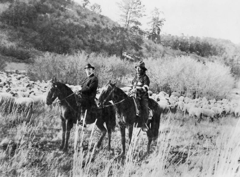 Ed Ladd, Full-Blood Apache Indian with Indian Commissioner Cato Sells, on Horseback, Jicarilla Reservation, New Mexico, USA, National Photo Company, 1910's