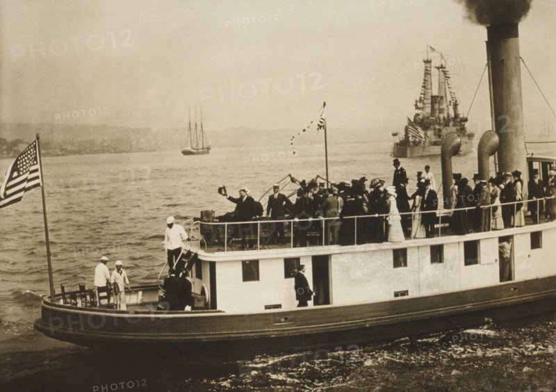 Theodore Roosevelt on Deck of Boat Arriving in New York Harbor, New York City, New York, USA, 1910