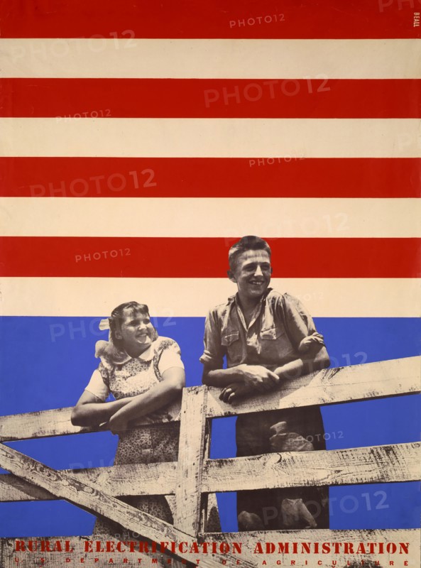 Smiling Boy and Girl Leaning on Fence with Red, White and Blue Background, Rural Electrification Administration, U.S. Department of Agriculture, Poster, Lester Beall, 1930's