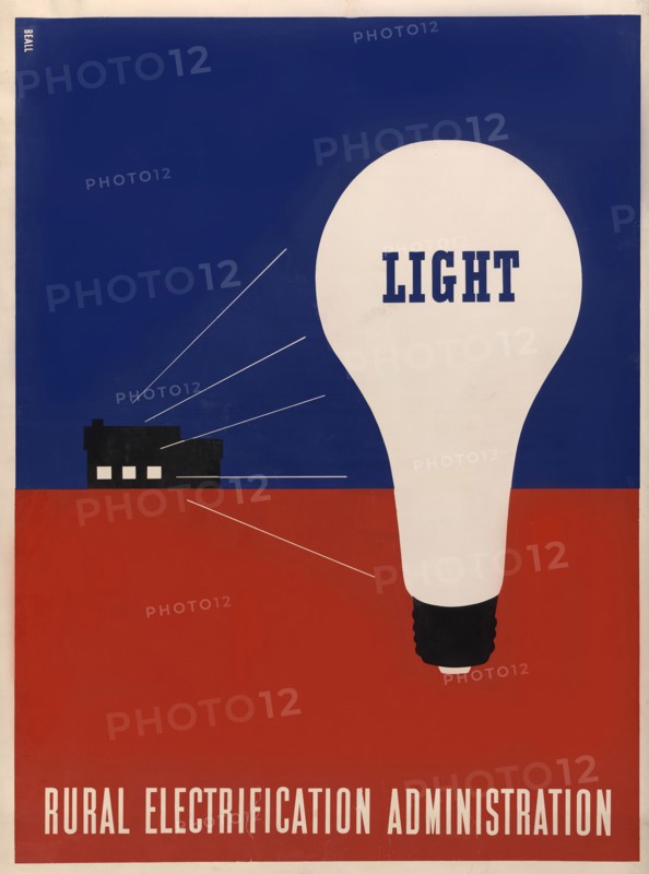 Poster Showing Large Light Bulb Labeled "Light" in Foreground, Rural Farmhouse with Light Beaming from its Windows in Background, Rural Electrification, Administration, Artwork by Lester Beall, 1930's