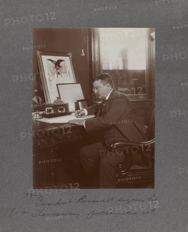 U.S. President Theodore Roosevelt, Seated Portrait at Desk Signing Thanksgiving Proclamation Act, Washington DC, USA, 1902