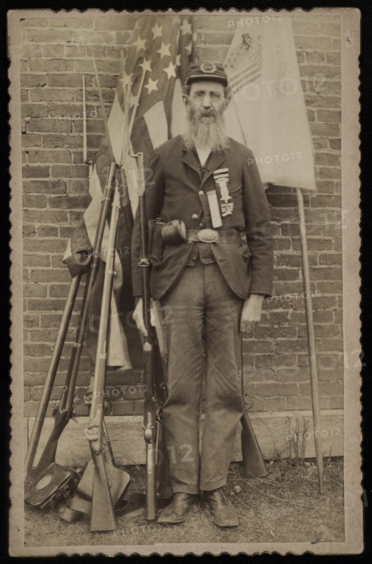 Unidentified Civil War Veteran from Grand Army of the Republic, Portrait in Uniform with Musket, 1880's