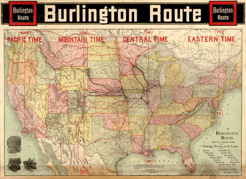 Burlington Railroad Route Map, Rand McNally & Company, 1892