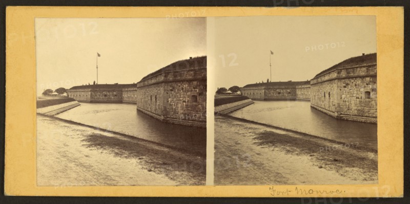 South Side Exterior Walls and Moat, Fort Monroe, Virginia, USA, George Stacy, Stereo Card, 1861
