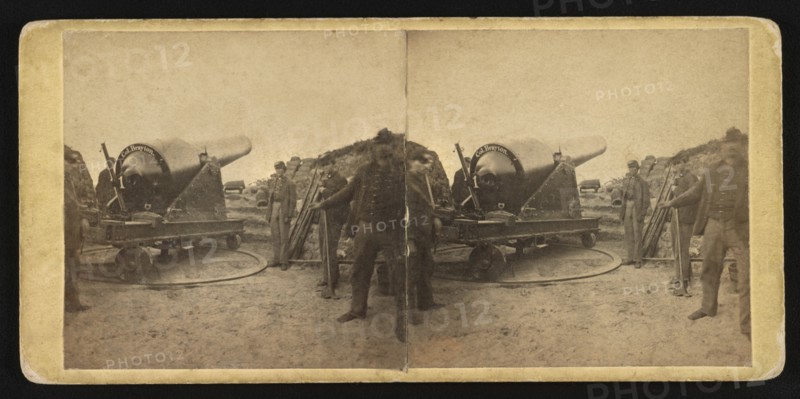 Group of Union Soldiers and Parrot Rifle, Battery Chatfield, Morris Island, South Carolina, USA, Samuel A. Cooley, Stereo Card, 1865