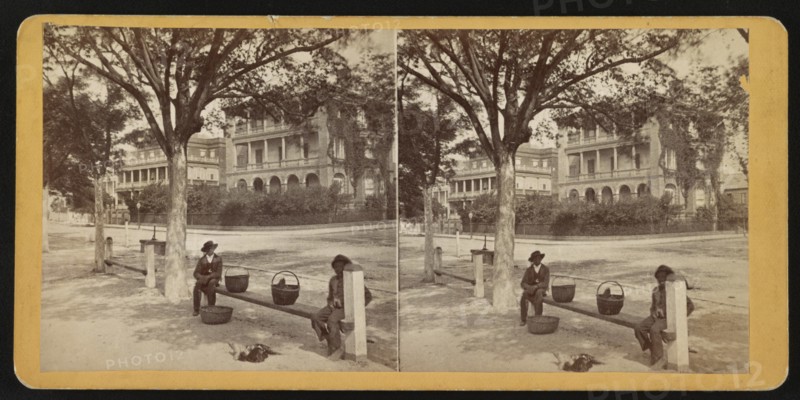 Two African American Boys Sitting on Bench with Three Baskets on Battery at Meeting Street, Charleston, South Carolina, USA, Stereo Card, 1860's