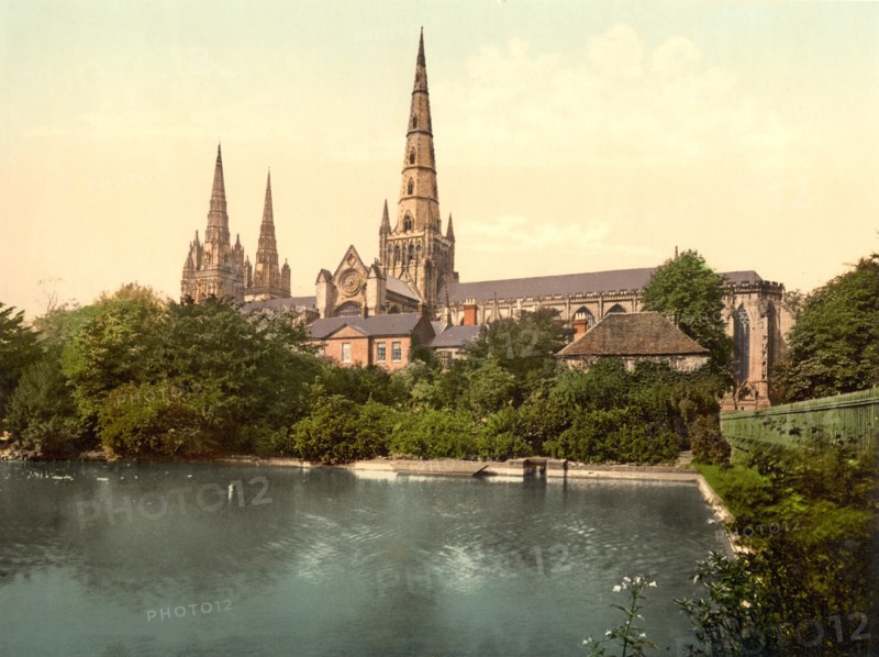 Cathedral, South Side, Lichfield, England, UK, Photochrome Print, Detroit Publishing Company, 1905