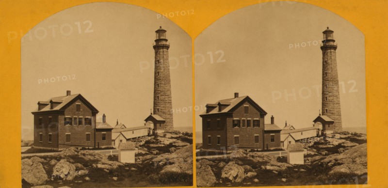 Thacher Island Lighthouse with Adjacent Keeper's House, Gloucester, Massachusetts, USA, by Hervey Friend, Stereo Card, 1869