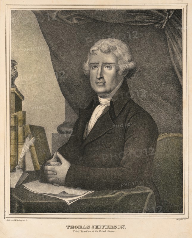 Thomas Jefferson (1743-1826), Third President of the United States, Half-Length Seated Portrait, Lithograph, D.W. Kellogg & Co., 1830's