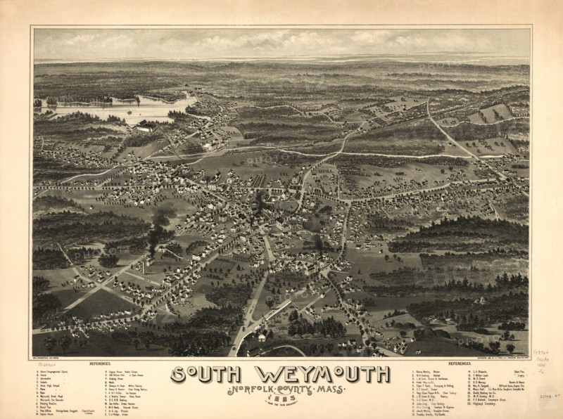 South Weymouth, Norfolk County, Massachusetts, Artist, C.E. Jorgensen, Geo. H. Walker & Son Lith., Boston, Published by A.P. Poole & Co., Brockton, Mass., 1885