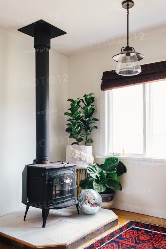 Wood Burning Stove in Corner of Living Room