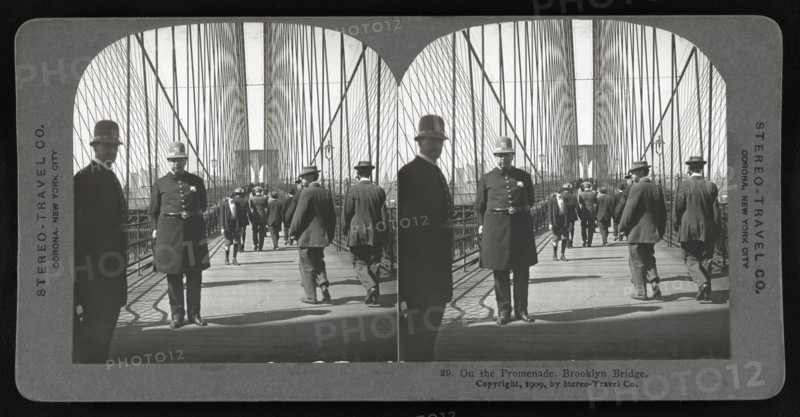 Group of People on Promenade, Brooklyn Bridge, New York City, New York, USA, Stereo Card by Stereo-Travel Co., 1909