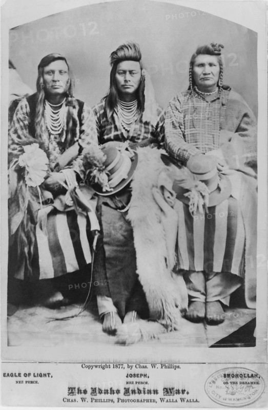 Three Native American Men, Eagle of Light, Joseph & Smohollah, Seated Portrait, The Idaho Indian War, by Charles W. Phillips, Walla Walla, Washington, USA, 1877