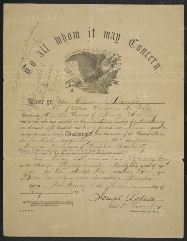 U.S. Government Certificate to Discharge Private Cline Morris from Co. E, 3rd Pennsylvania Heavy Artillery Regiment, American Civil War, USA, 1865