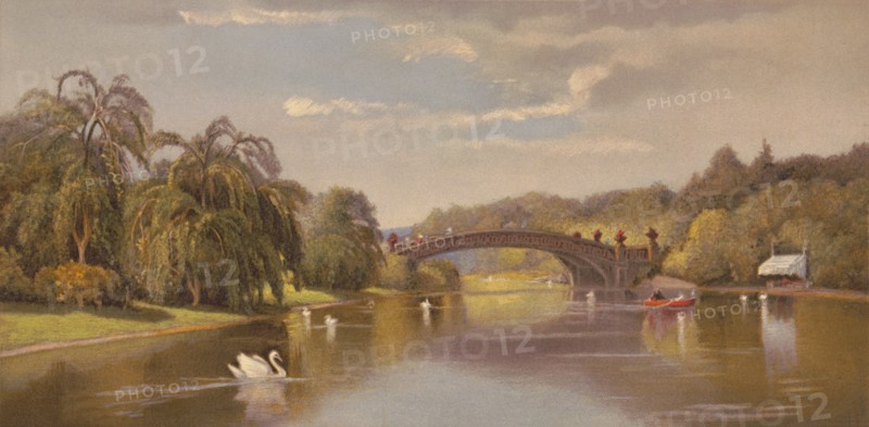 Central Park Views, Lake and Bow Bridge, H.A.F 1869, after oil painting by H.A. Ferguson, N.Y., 1869