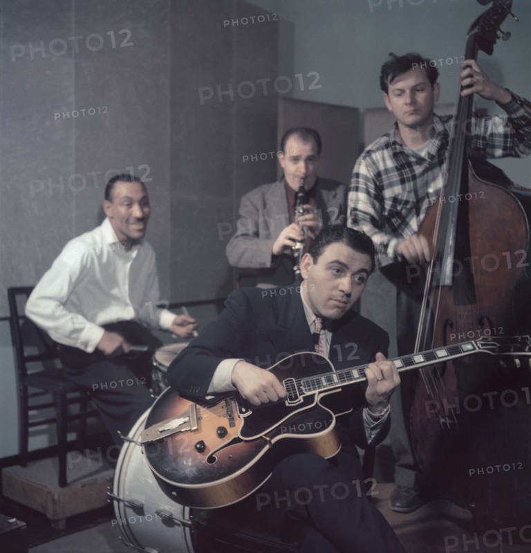 Portrait of Jimmy Crawford (far left on drums), New York City, New York, USA, William P. Gottlieb Collection, 1948