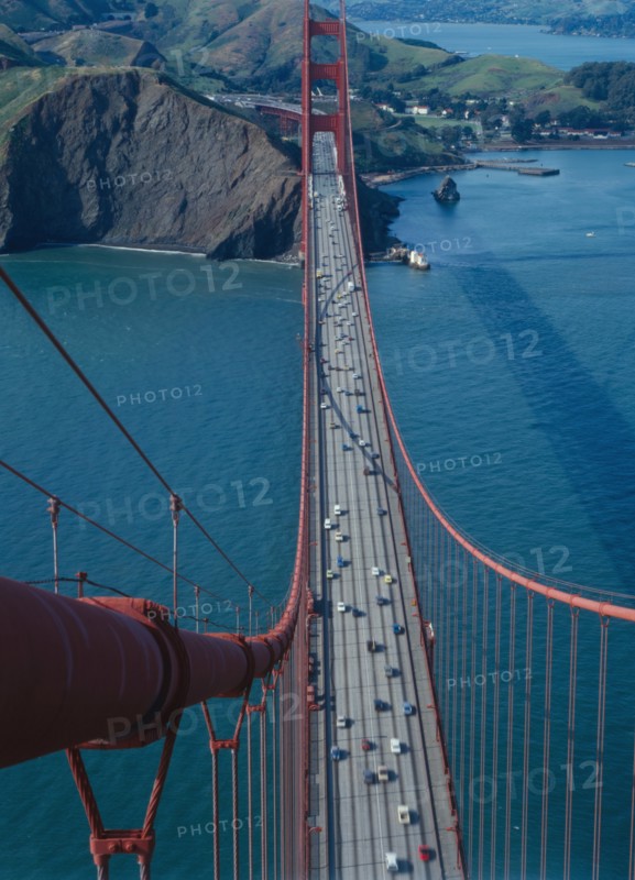 High Angle View of Golden Gate Bridge Spanning Mouth of San Francisco Bay, San Francisco, California, USA, 1960's