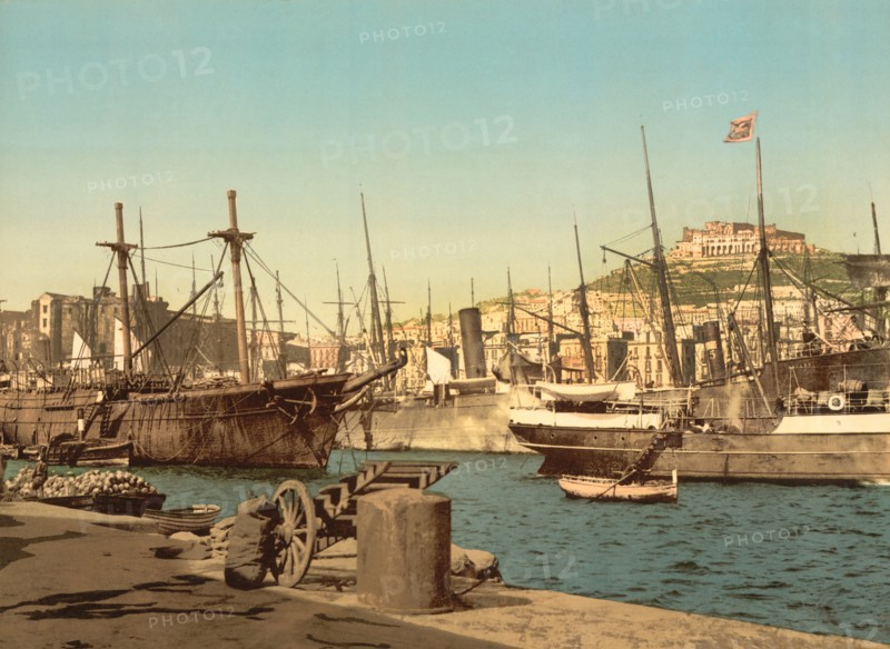 Ships in Harbor, Naples, Italy, Photochrome Print, Detroit Publishing Company, 1900