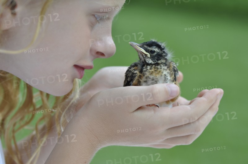Girl Holding Baby Bird, Close Up
