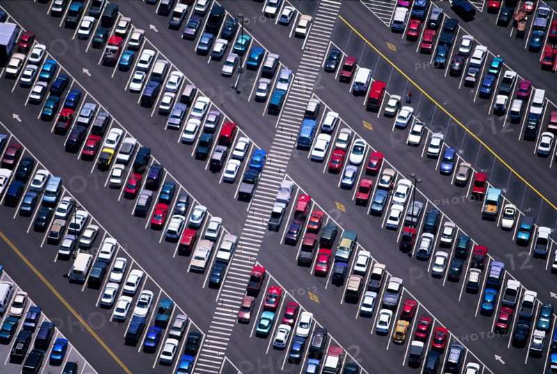 Parking Lot Filled with Cars, High Angle View