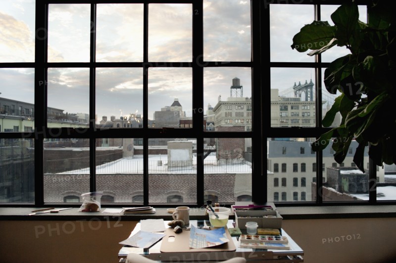 Artist's Desk and View of Urban Cityscape, Brooklyn, New York City, USA