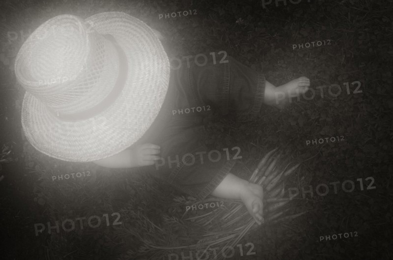Young Boy in Large Hat Sitting on Ground with Carrots, High Angle View
