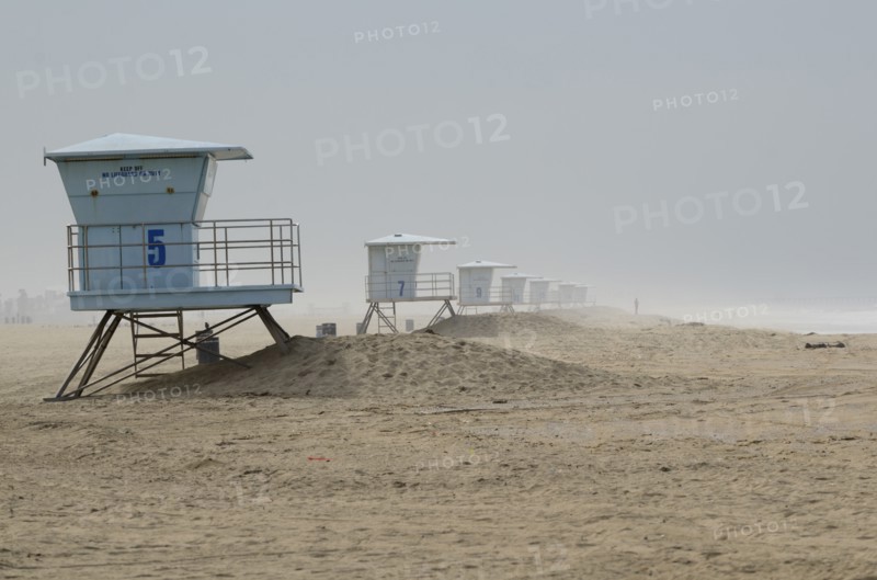 Lifeguard Towers on Foggy Beach, Huntington Beach, California, USA