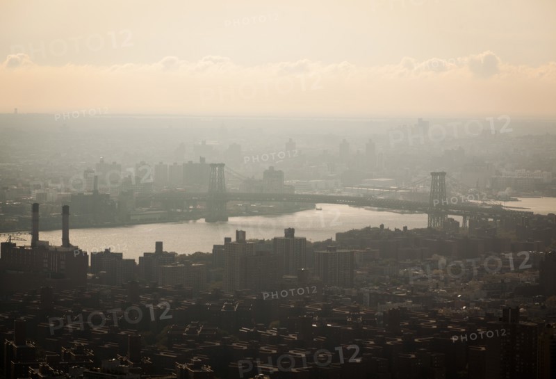 Manhattan Bridge and Skyline on Hazy Day, New York City, USA