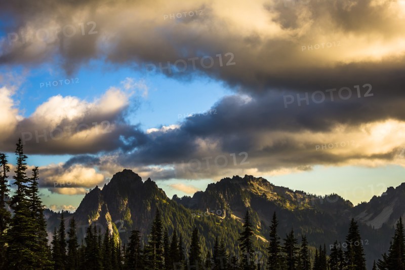 Mountains and Dramatic Clouds at Sunset, Mount Rainier National Park, Washington, USA