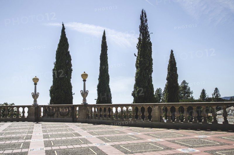 Terrace and Balustrade against Tall Trees, Hearst Castle, San Simeon, California, USA
