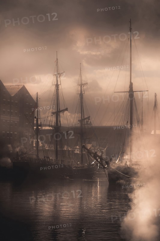Tall Ships in Foggy Harbor, Gloucester, England, United Kingdom