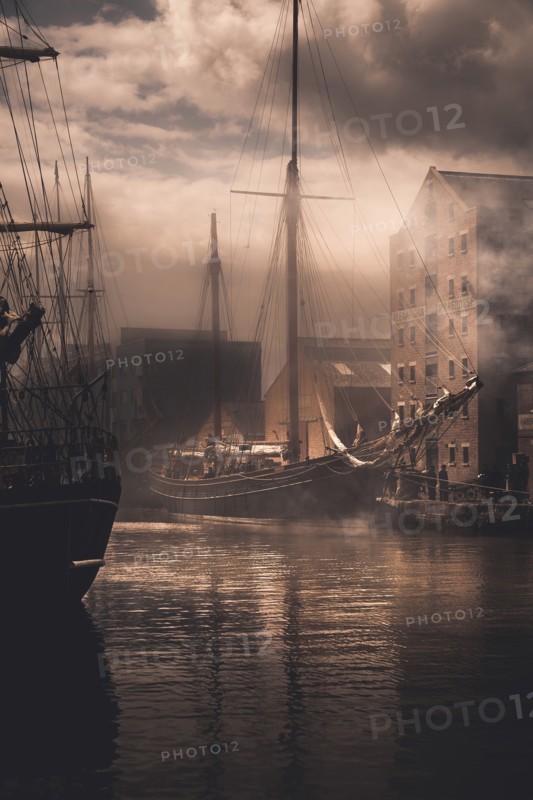 Tall Ships in Misty Harbor, Gloucester, England, United Kingdom