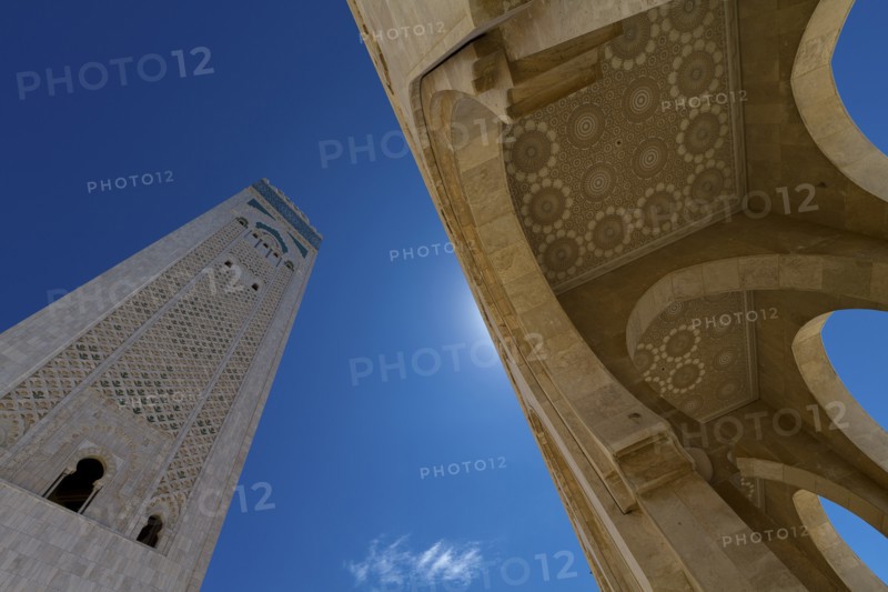 Mosque and Mineret Against Blue Sky, Low Angle View, Casablanca, Morocco