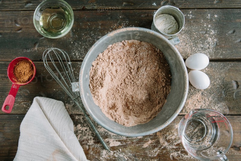 Cake Mix and Ingredients, High Angle View