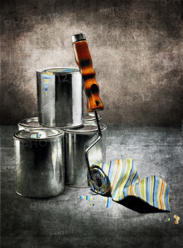 Metal Paint Cans and Striped Tie Wrapped on Paint Roller