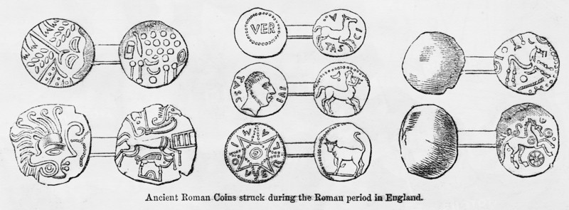 Ancient Roman Coins struck during the Roman period in England, Illustration from John Cassell's Illustrated History of England, Vol. I from the earliest period to the reign of Edward the Fourth, Cassell, Petter and Galpin, 1857