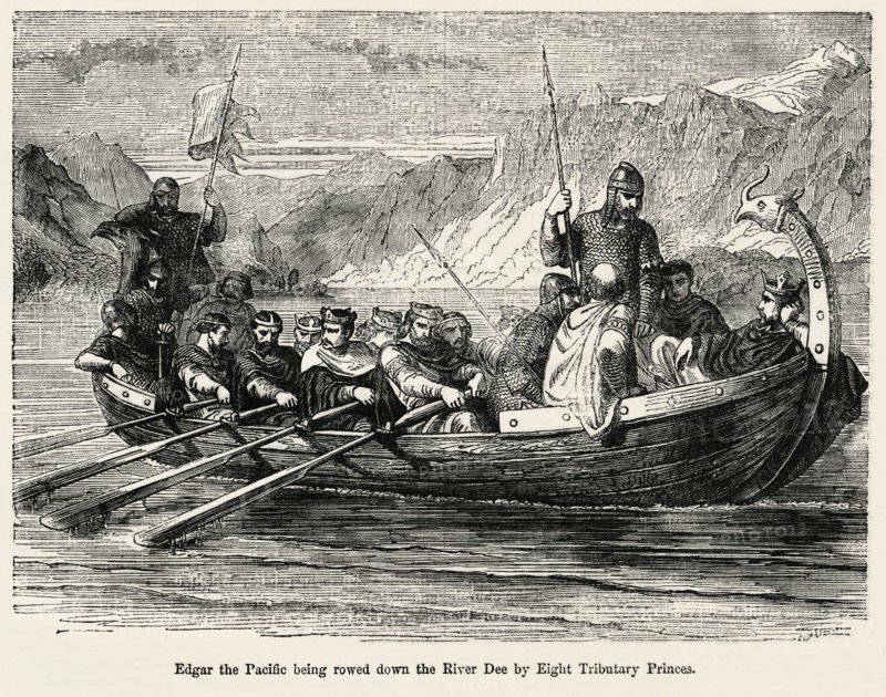 Edgar the Pacific being rowed down the River Dee by Eight Tributary Princes, Illustration from John Cassell's Illustrated History of England, Vol. I from the earliest period to the reign of Edward the Fourth, Cassell, Petter and Galpin, 1857