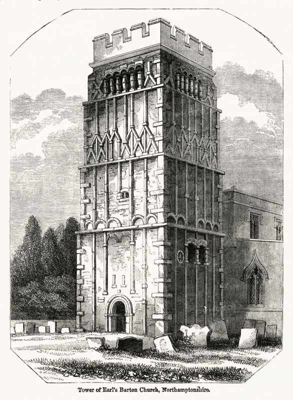 Tower of Earl’s Barton Church, Northamptonshire, Illustration from John Cassell's Illustrated History of England, Vol. I from the earliest period to the reign of Edward the Fourth, Cassell, Petter and Galpin, 1857