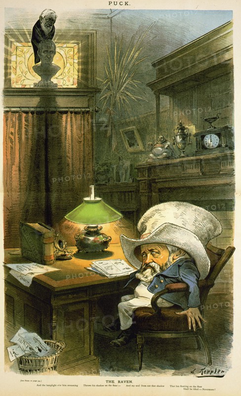 "The Raven" Political Cartoon featuring U.S. President Benjamin Harrison who was at odds with Secretary of State James G. Blaine over proposed McKinley Tariff, Artwork by J. Keppler, Puck Magazine, August 13, 1890