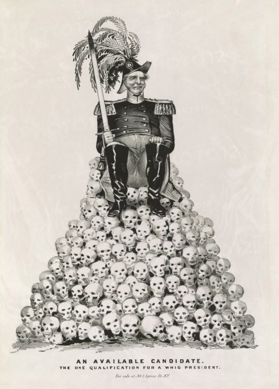 An Available Candidate--the one Qualification for a Whig President, Man in Military Uniform, either Zachary Taylor or Winfield Scott who were both Contenders for the Whig Nomination, Holding a Blood-Stained Sword while Seated on Pile of Skulls, Political Cartoon, Nathaniel Currier, 1848
