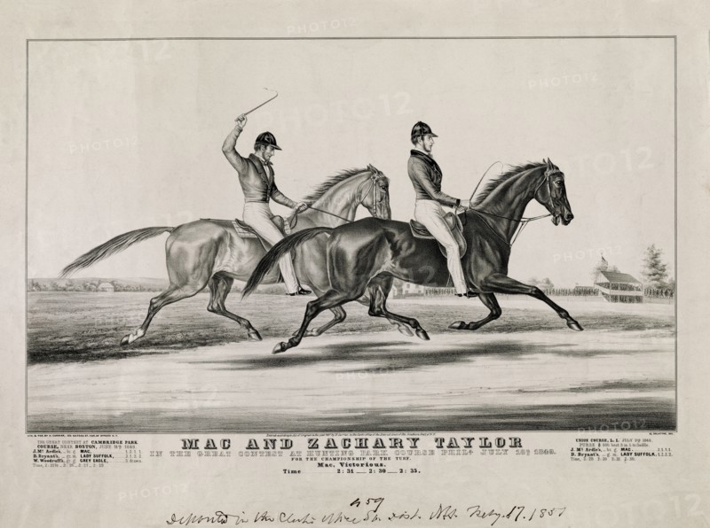 Mac and Zachary Taylor, in the Great Contest at Hunting Park Course Philadelphia, July 18, 1849, for the Championship of the Turf - Mac, Victorious, Lithograph, Nathaniel Currier, 1851