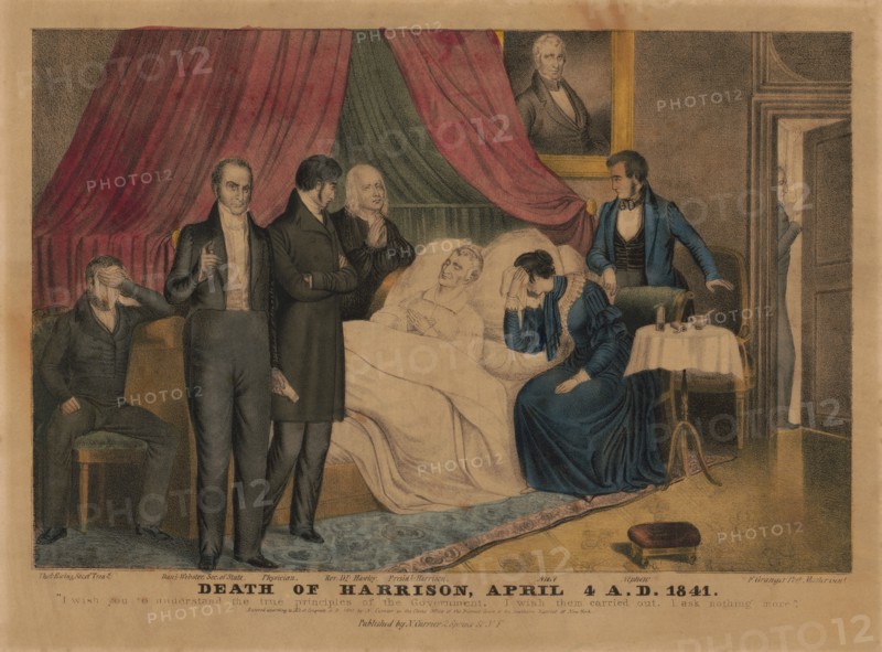 Death of Harrison, April 4 A.D. 1841, U.S. President William Henry Harrison on his Deathbed with family, Reverend Hawley,  Secretary of Treasury Thomas Ewing, Secretary of State Daniel Webster and Postmaster General Francis Granger, Lithograph, Nathaniel Currier, 1841